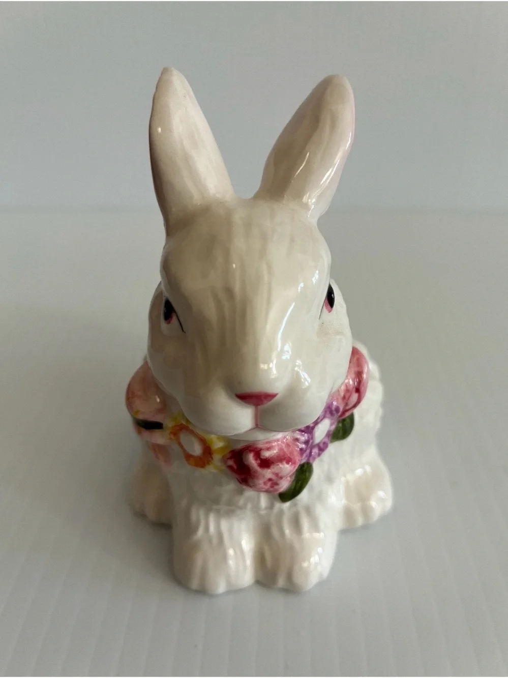 Y2K White Ceramic Bunny Pink Bow Floral Sitting Small Figurine Farmhouse Cottage